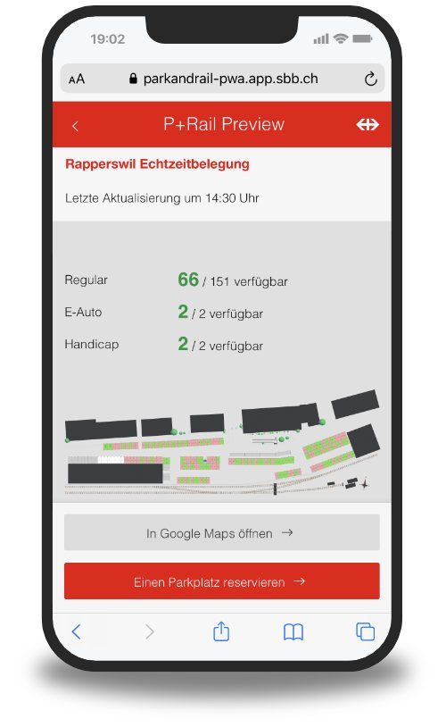 Parquery results are displayed on SBB Park-und-Rail Smartphone App